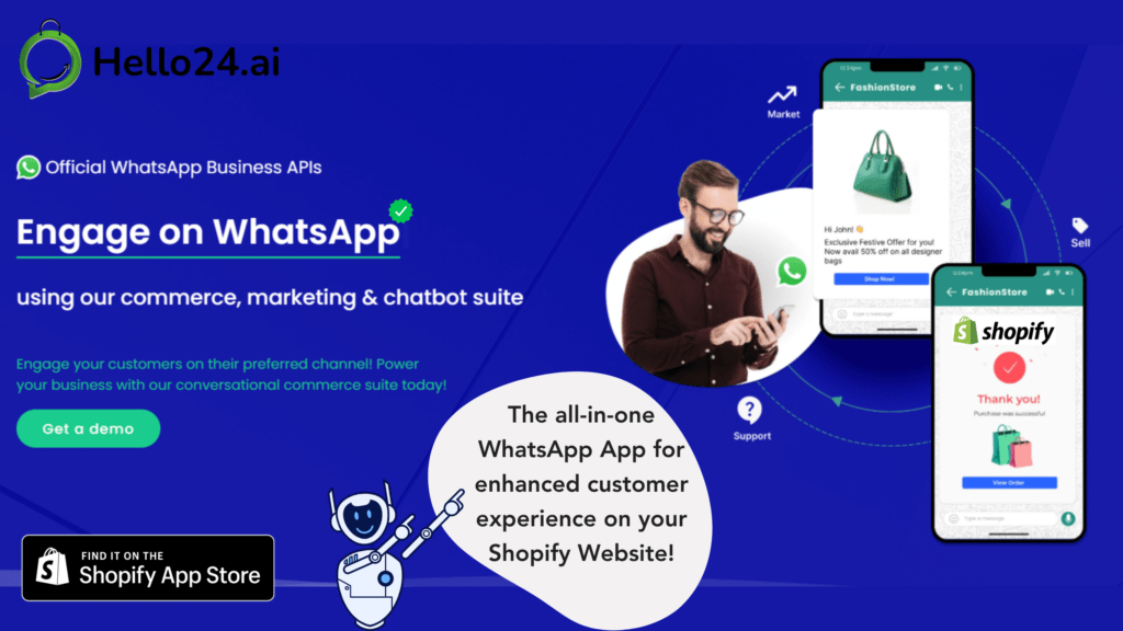picture showing Hello24.ai's WhatsApp automation, marketing, and chatbot app for Shopify websites