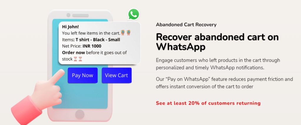 picture showing Recover abandoned cart on WhatsApp with hello24.ai shopify app - WhatsApp Chatbot API app for Your Shopify Website