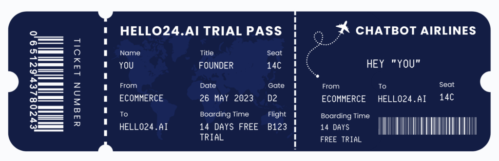Picture showing hello24.ai 14 days free trial for testing the whatsapp chatbot for travel agency