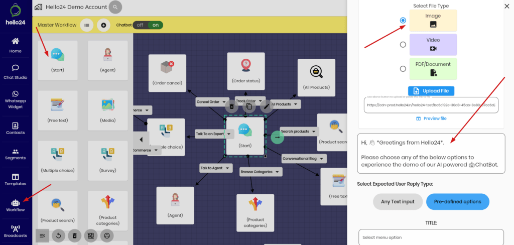 Picture showing hello24.ai workflow and welcome message edit option inside whatsapp chatbot.