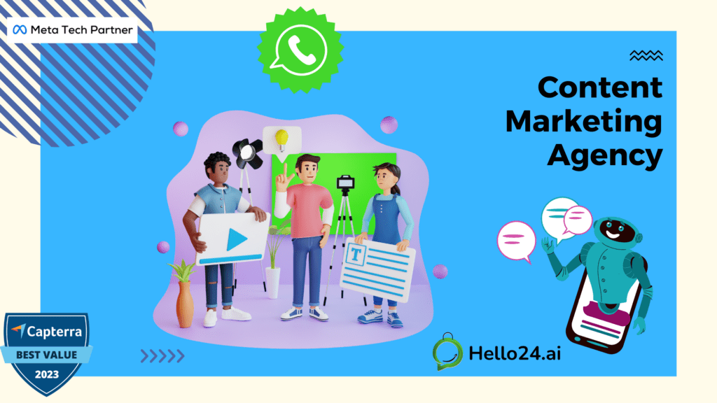 picture showing #5 WhatsApp Marketing Strategies with #10 Real Examples that a Content Marketing Agency Can Use to Convert and 3x Engage Leads by hello24ai