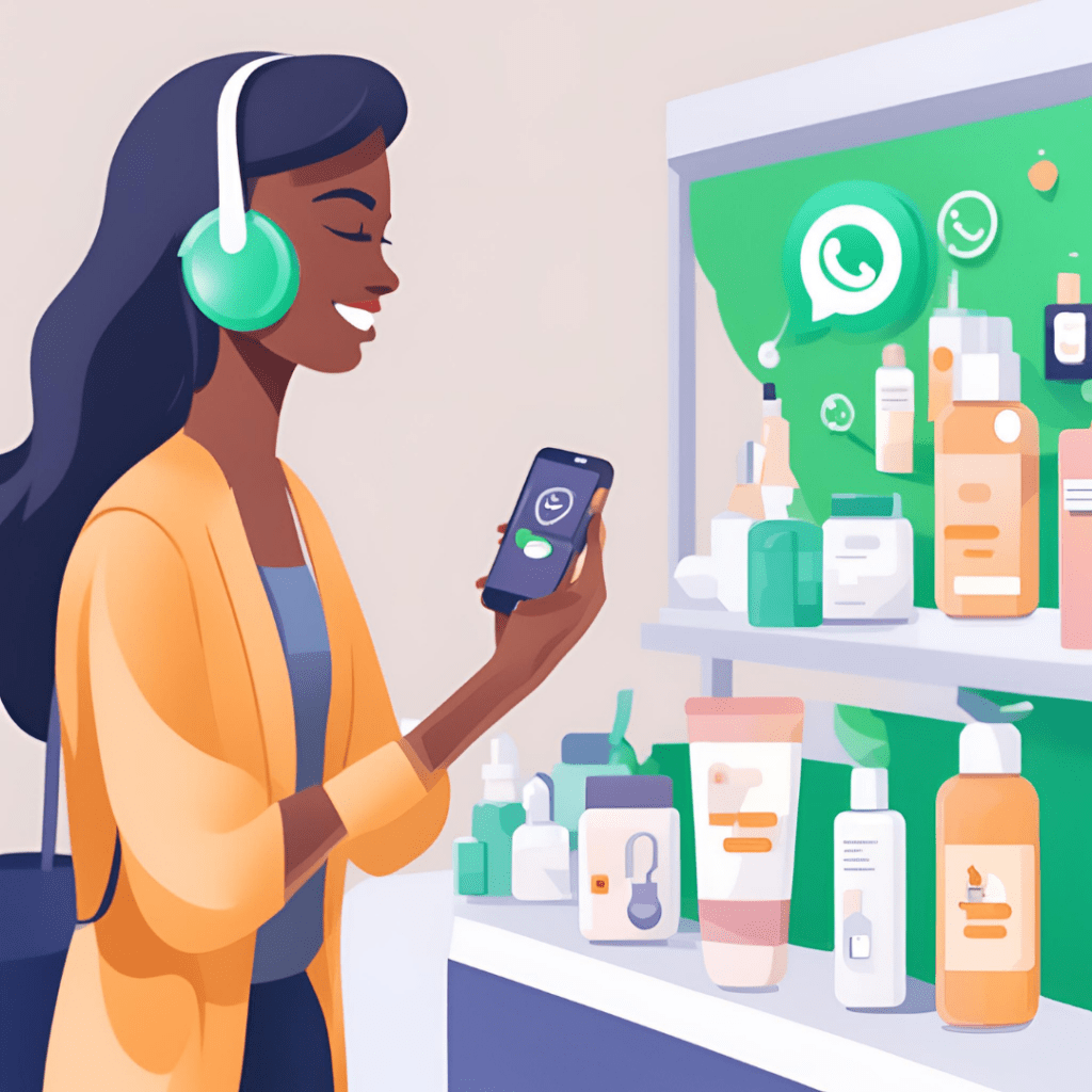Customer on phone using WhatsApp chat with skincare brand chatbot - whatsapp shop for Skin Care Business
