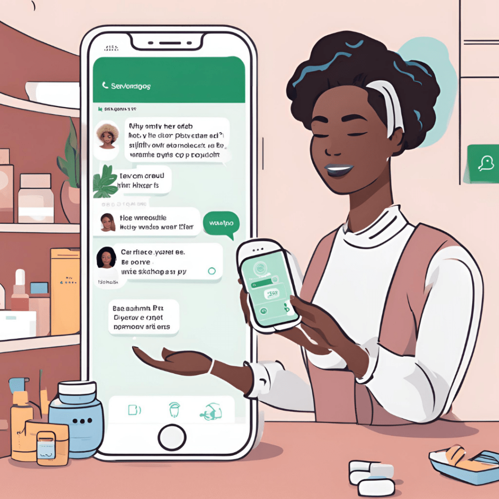 Smiling woman applying face cream with a phone on the bathroom counter displaying a WhatsApp skincare consultation chat - whatsapp shop for Skin Care Business