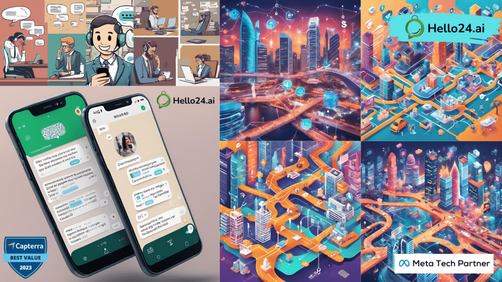 Collage of different use cases of WhatsApp chatbots in B2B settings, such as scheduling demos, customer support, content distribution, and event reminders, all featuring Singaporean business environments and professionals.