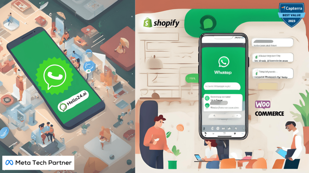 Customer on phone smiling while looking at a WhatsApp chat with a business. (Text message conversation with a customer on WhatsApp).