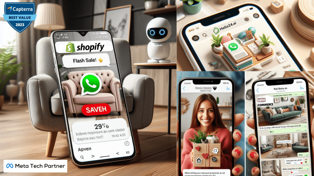 A phone screen displaying a WhatsApp notification for a flash sale on a stylish armchair from a home decor store