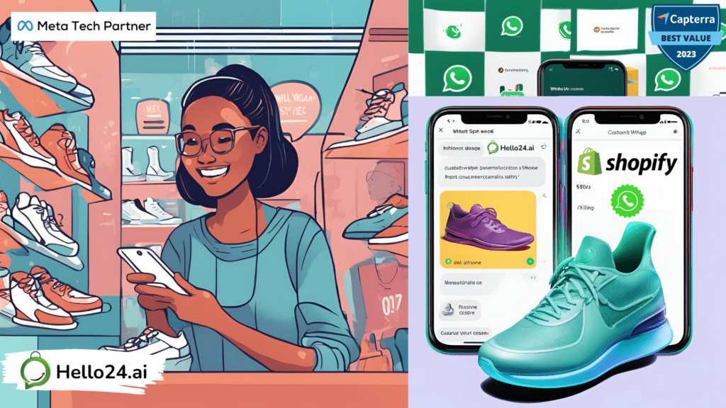 A photo of a person holding a phone with a WhatsApp chat conversation visible on the screen. The conversation shows a shoe store chatbot guiding the customer through a virtual foot scan using their phone's camera. The chatbot is analyzing the scan to recommend the perfect shoe size and fit.