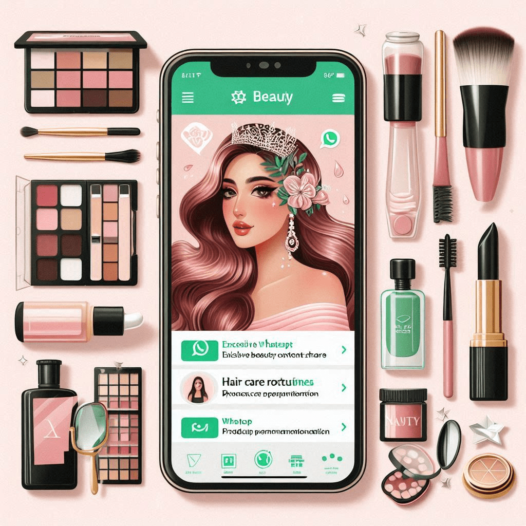 image of exclusive beauty content being shared via WhatsApp. Show elements like beauty tips, hair care routines, makeup tutorials, and product recommendations, presented in an engaging and professional manner.