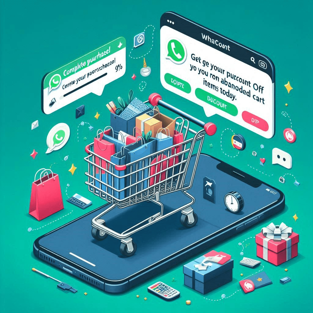 image of a cart filled with products and a WhatsApp chat window offering a discount code. Include text: "Complete your purchase! Get [discount]% off your abandoned cart items today."