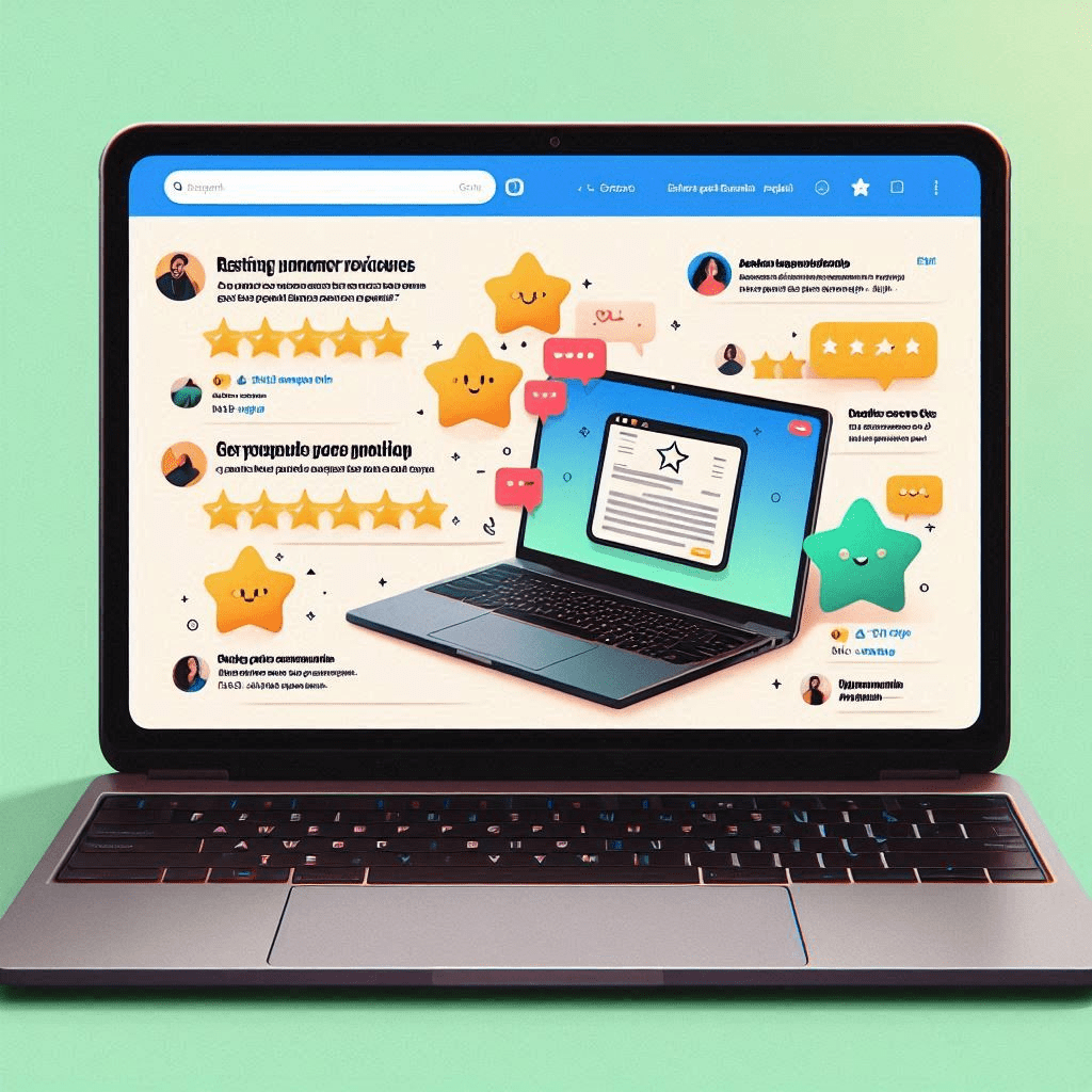 mage of a laptop screen displaying a website with positive customer reviews and testimonials about a specific laptop model. These reviews are highlighted within a WhatsApp message showcasing the product.