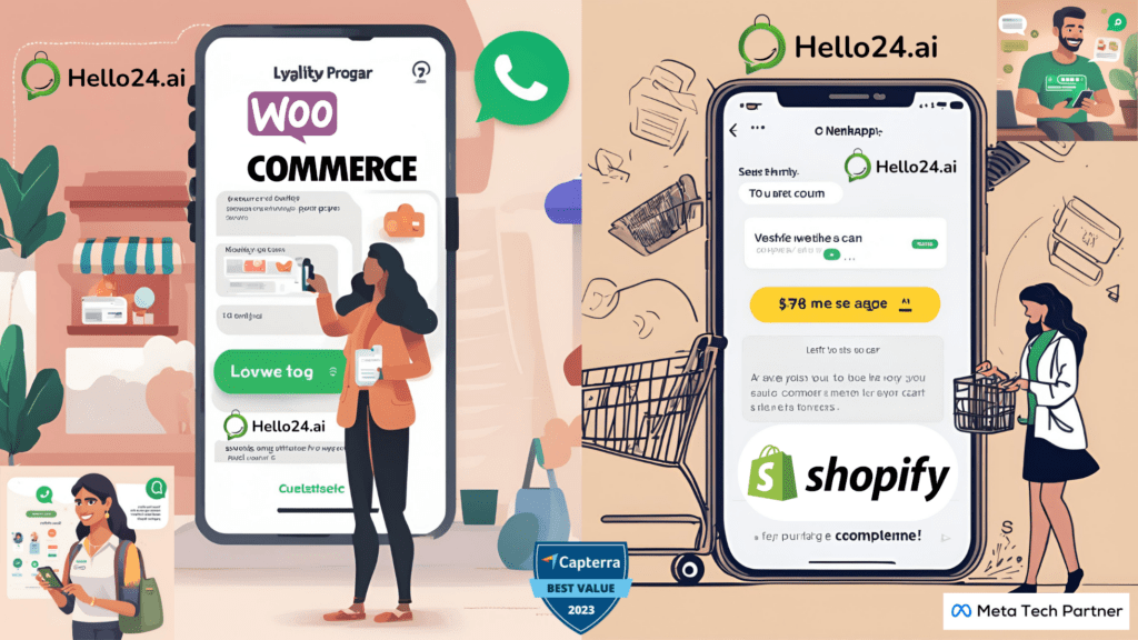 an image of a customer who has purchased a smartphone on a WooCommerce website, receiving a WhatsApp message suggesting complementary products like cases and chargers. The chat shows the agent offering personalized recommendations and the customer considering the options.