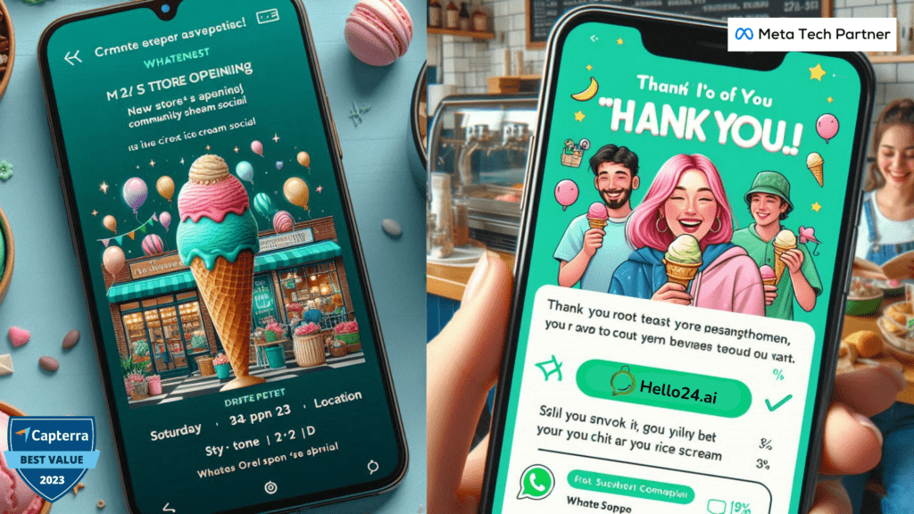 Shop owner looking at phone with satisfied customer message - WhatsApp marketing for ice cream businesses allows for real-time customer service.