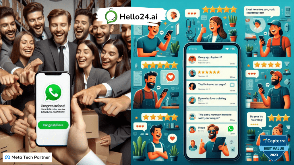 A group of excited wholesale buyers gathered around a phone, all smiling and pointing at the screen. The phone displays a WhatsApp chat with a message "Congratulations! Your bulk order has been confirmed!"
