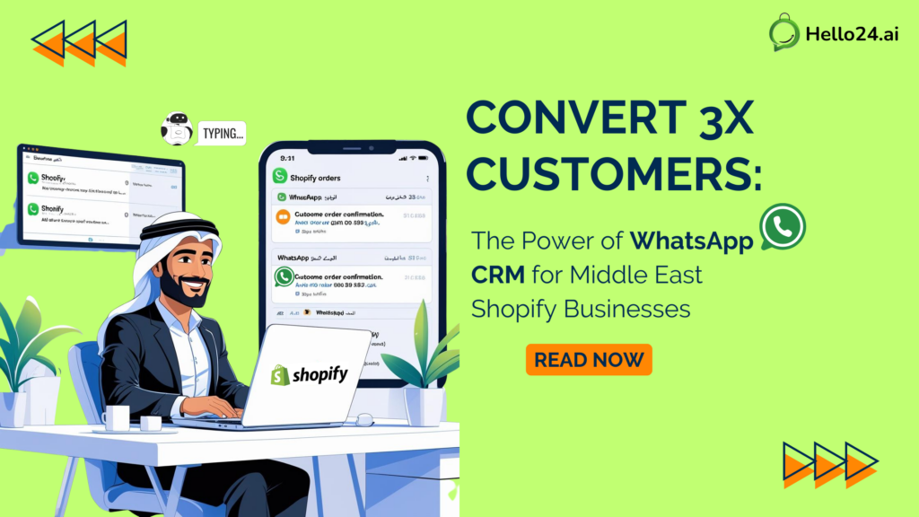 A confident Middle Eastern e-commerce founder of a business sitting at a desk with a laptop open to the Shopify dashboard, smiling while watching new orders flow in. On one side of the screen, there's a WhatsApp chat window showing customer order confirmations. The workspace is sleek and professional, with branding elements that hint at an online store. Bright, clean lighting, modern tech workspace background. The image should feel aspirational, successful, and tech-driven