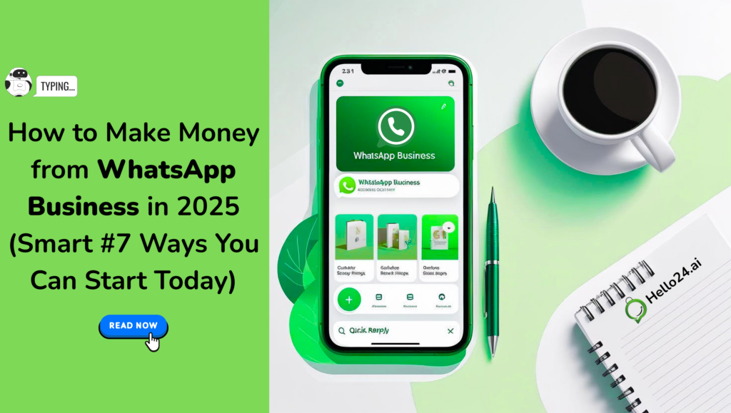 “A modern, flat-lay style illustration of a smartphone screen showing the WhatsApp Business profile page—complete with business name, logo, catalog thumbnails, and quick-reply buttons. The background is a soft gradient (light green fading into white) and the phone sits on a clean desk with a coffee cup and notepad beside it, conveying a professional yet approachable feel.”