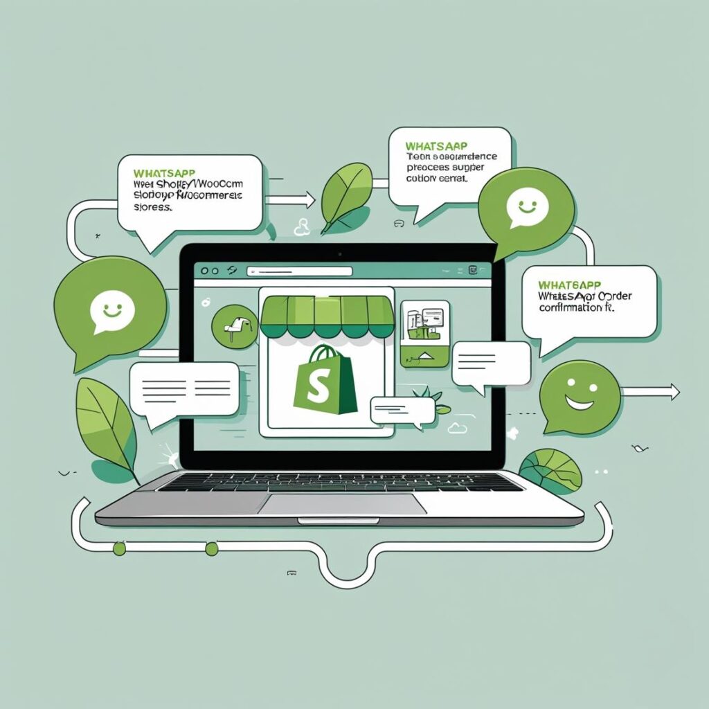 “Illustration of a Shopify/WooCommerce storefront on a laptop screen, with multiple WhatsApp message bubbles popping up around it (icons like cart, order confirmation, and happy customer). Show arrows or connection lines indicating ‘automation.’ Use flat-style vector icons and a friendly, professional color scheme (green, white, light gray).”