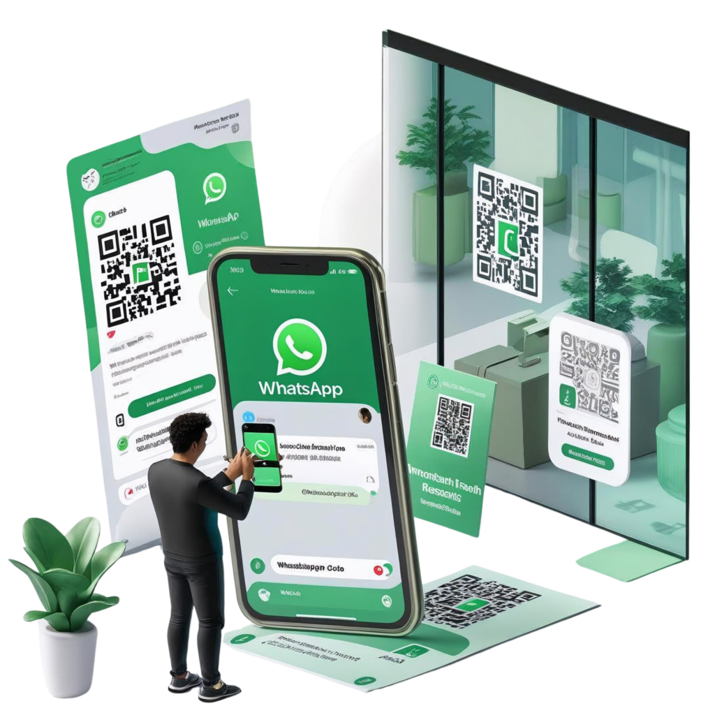 Create a modern, professional landing page illustration showing a large smartphone screen with a WhatsApp chat open. A user is scanning a WhatsApp QR code from a flyer or storefront using their phone. Surrounding the scene, include elements like product packaging, a business card, a storefront window, and a social media post, all displaying a visible QR code. Add subtle icons or labels like “Instant Engagement,” “Higher Conversion,” “Trackable Results,” and “Omnichannel Reach” near each item. Use a clean, light background with green and white accents to reflect WhatsApp’s branding.