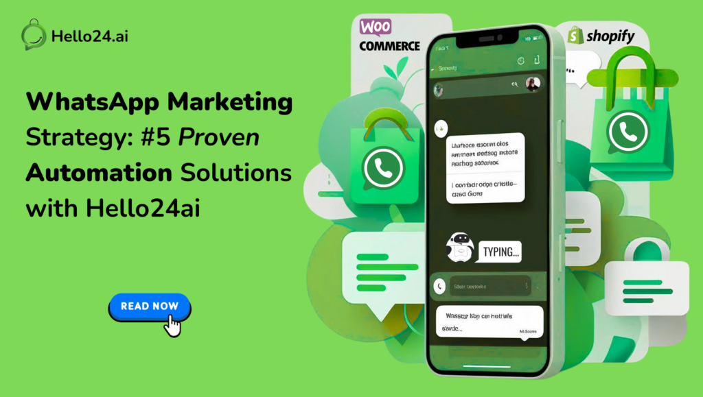 “A vibrant hero banner showing a smartphone screen with a WhatsApp chat window open, overlayed on an abstract background of ecommerce icons (shopping bags, carts, product boxes). Include subtle text placeholders for the title ‘WhatsApp Marketing Strategy.’ Use a modern color palette (greens, blues, and white), clean lines, and space for a call-to-action button.”