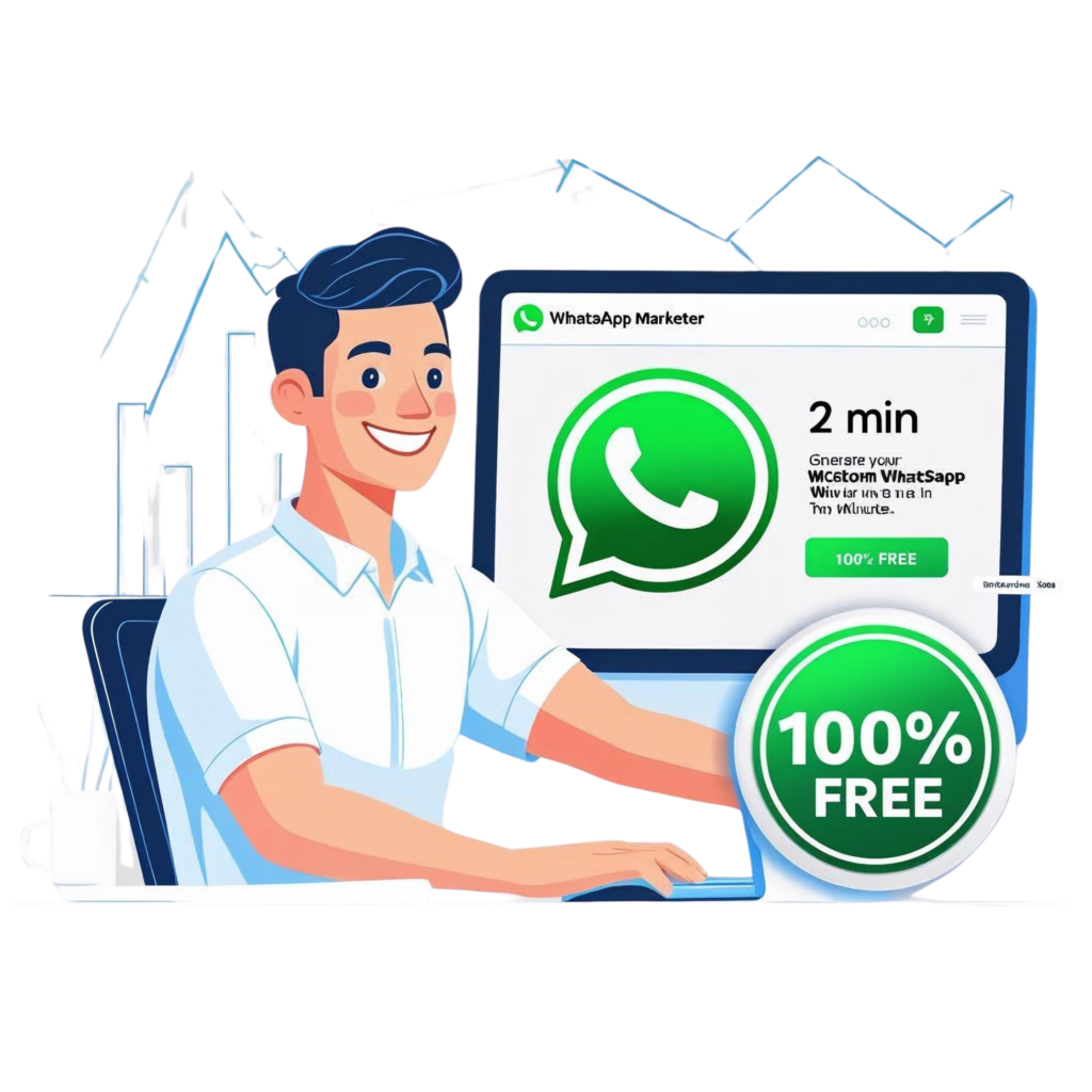 a clean flat-style illustration of a smiling digital marketer at a desk typing on a computer. On the screen, show a large green WhatsApp icon next to a newly generated link in the URL bar. Include a small stopwatch icon labeled ‘2 min’ and a bold ‘100% FREE’ badge. In the background, add subtle upward-trending graph lines or chat bubbles to imply boosted engagement. Use bright, friendly colors, minimal text, and a modern design to instantly convey ‘No coding, no downloads—generate your custom WhatsApp link in two minutes