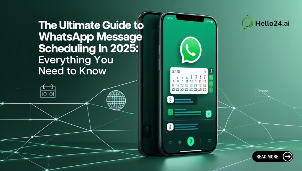 “A sleek, modern banner featuring a large smartphone displaying a WhatsApp-style chat interface with a visible calendar overlay and clock icon. Centered prominently at the top in bold, sans-serif font: The Ultimate Guide to WhatsApp Message Scheduling in 2025: Everything You Need to Know. Background should be a gradient of deep green to light teal, with subtle line-art icons of chat bubbles, calendar dates, and a globe to suggest global scheduling. Include a small Hello24ai logo in one corner and a futuristic digital grid pattern faintly visible behind the smartphone.”