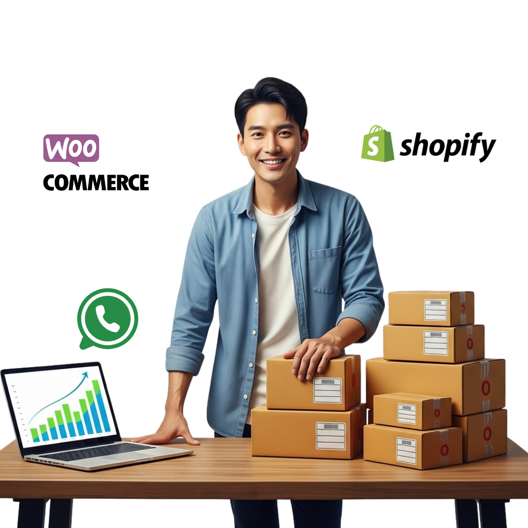 "A sleek eCommerce dashboard with WhatsApp chat windows showing product recommendations, order confirmations, and discount alerts. Include Shopify and WooCommerce logos. Overlay the headline: 'Grow Your eCommerce Store with WhatsApp Marketing'. Clean, modern design. Transparent background."